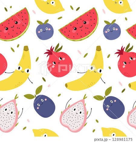 Cute Seamless Pattern with Cartoon Fruits. Watermelon, Banana, Blueberry, Dragon Fruit and Pomegranate Cute Seamless Pattern with Cartoon Fruits. Watermelon, Banana, Blueberry, Dragon Fruit and Pomegranate 128981175