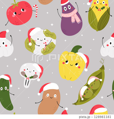 Cute Christmas Seamless Pattern with Cartoon Vegetables. Tomato, Eggplant, Corn, and More in Santa Hats 128981181