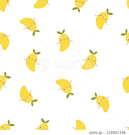 Seamless Cute Mango Pattern. Smiling Cartoon Fruit with Leaves on Light Background Seamless Cute Mango Pattern. Smiling Cartoon Fruit with Leaves on Light Background 128981186