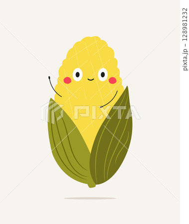 Cute Corn with Face and Hands. Funny Vegetables Cartoon Character Cute Corn with Face and Hands. Funny Vegetables Cartoon Character 128981232