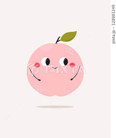 Cute Peach with Face and Hands. Funny Fruit Cartoon Character 128981249