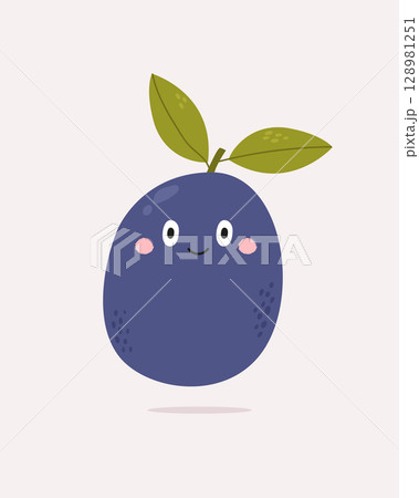 Cute Plum with Face and Hands. Funny Fruit Cartoon Character 128981251