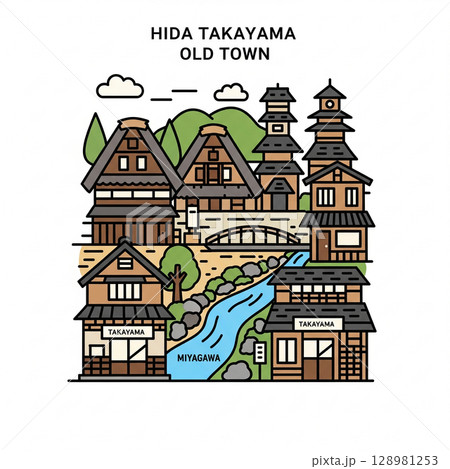 飛騨高山のイラストですね！古い町並みと川が特徴的で、趣があります。情報ありがとうございます。 128981253