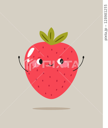 Cute Strawberry with Face and Hands. Funny Fruit, Berry Cartoon Character 128981255