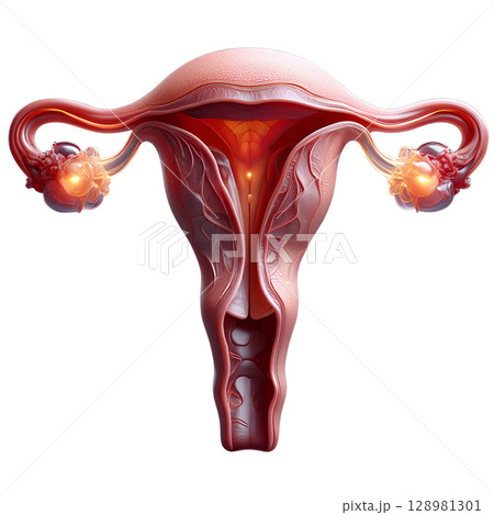 Detailed anatomical illustration of female reproductive system, uterus ovaries and fallopian tubes medical diagram 128981301
