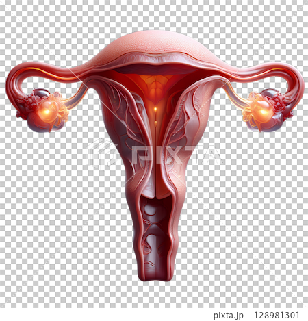 Detailed anatomical illustration of female reproductive system, uterus ovaries and fallopian tubes medical diagram 128981301
