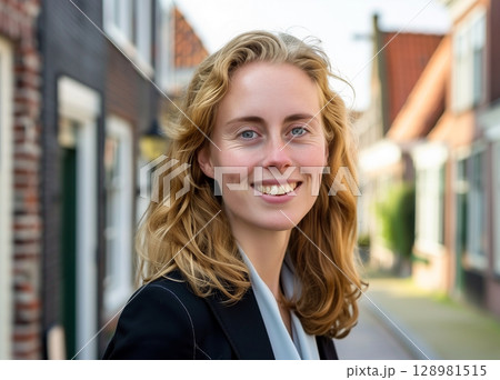Blonde woman walking along cobblestone street in a charming dutch village 128981515