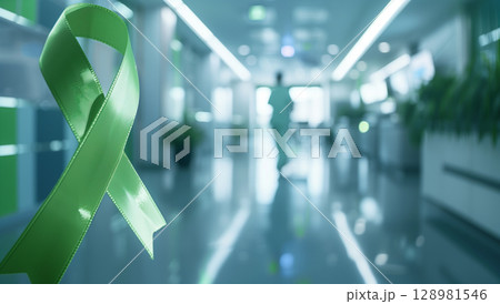 Green cancer awareness ribbon against blurred hospital background visibility 128981546