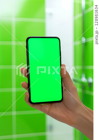 Woman's hand holding smartphone with chroma key screen in blurred bathroom setting 128981634