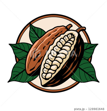 Cacao Pod with Exposed White Seeds and Green Leaves 128981648