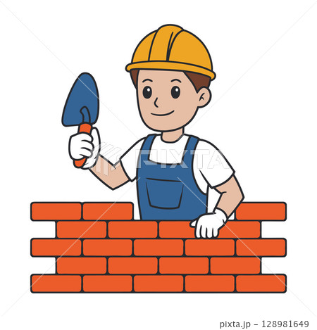 Cartoon Construction Worker Building Brick Wall 128981649