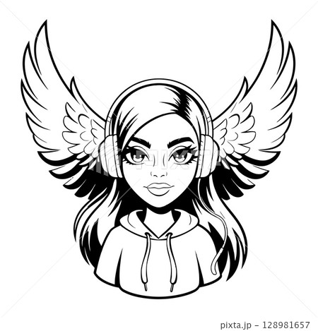 Modern Angel in Hoodie and Headphones with Feathered Wings 128981657