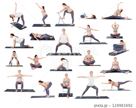 pregnant woman is engaged in yoga. Butterfly Pose or Baddha Konasana 128981692