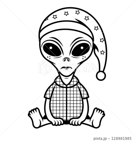 Cartoon Alien Character in Starry Pom-Pom Hat 128981985