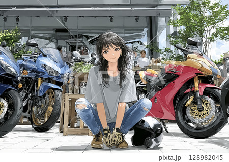 ライダーズカフェ　休憩する女性ライダーのイラスト素材 128982045