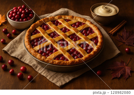Thanksgiving cranberry pie. Cranberry pie with lattice crust on wooden table, surrounded by fresh cranberries and cinnamon sticks 128982080
