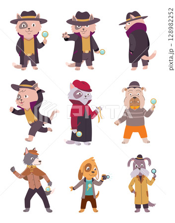 Cats and dogs detective character investigating and search for evidence Cats and dogs detective character investigating and search for evidence 128982252