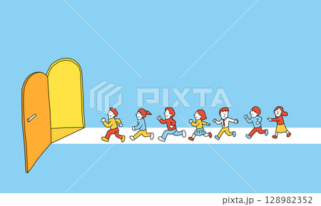 推進力のイメージイラスト　チーム一丸となって次のドアに向かう人々 128982352