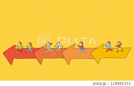 フェーズごとに前に進めるイメージ　矢印の上でゴールに向かって走る人々 128982353