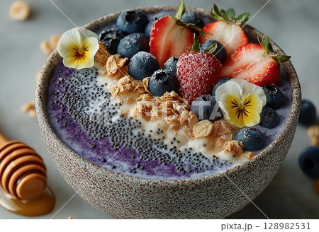 Colorful smoothie bowl with fresh fruit and toppings 128982531