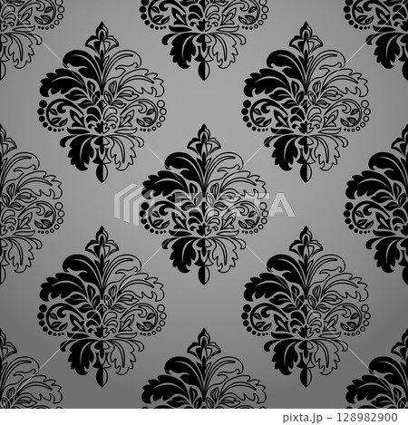 Floral pattern. Seamless vector background. Vintage wallpaper in the Baroque style. Gray and black ornament for fabric, wallpaper, packaging. Ornate Damask flower illustration Floral pattern. Seamless vector background. Vintage wallpaper in the Baroque style. Gray and black ornament for fabric, wallpaper, packaging. Ornate Damask flower illustration 128982900
