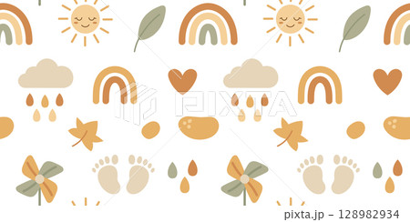 Seamless boho baby pattern with rainbows suns and flowers in warm neutral colors 128982934
