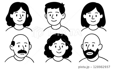 Doodle portraits of diverse people with calm smiles and different hairstyles isolated on white background 128982937