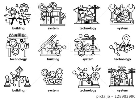 image is a collection of different gears and symbols 128982990