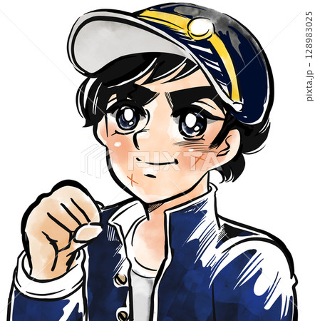昭和のスポコン少年漫画風ガッツポーズをするヤンキー中学生のポートレートカラーイラスト 128983025