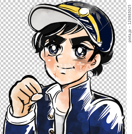 昭和のスポコン少年漫画風ガッツポーズをするヤンキー中学生のポートレートカラーイラスト 128983025