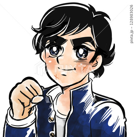 昭和のスポコン少年漫画風ガッツポーズをするヤンキー中学生のポートレートカラーイラスト 128983026