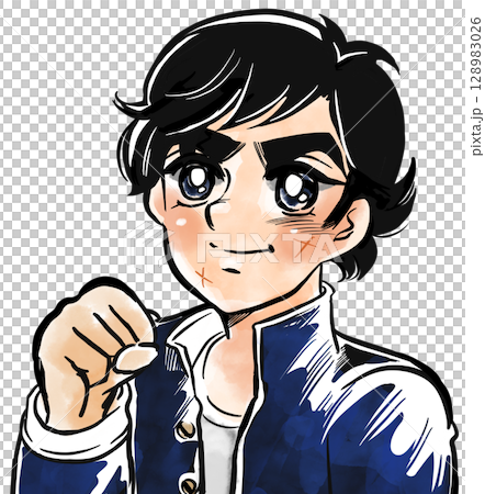 昭和のスポコン少年漫画風ガッツポーズをするヤンキー中学生のポートレートカラーイラスト 128983026