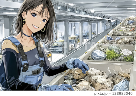 リサイクルセンターで働く女性のイラスト素材 128983040