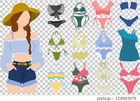 一位女士正在考慮要穿哪件泳衣的插圖 128983076