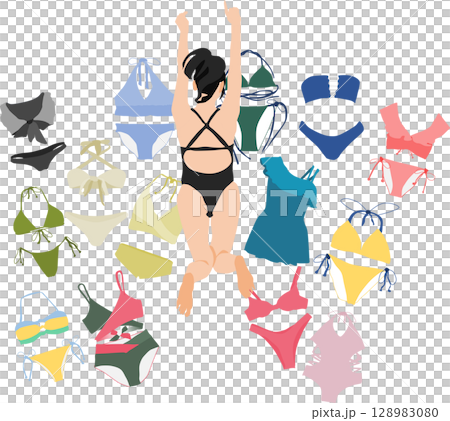 一位女士正在考慮要穿哪件泳衣的插圖 128983080