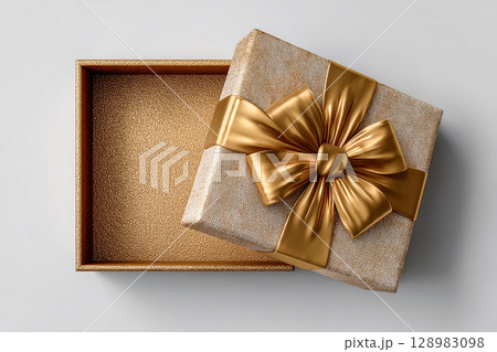 Gift wrapping. Premium packaging. Opened elegant square box. Top view. Jewelry, birthdays and luxury branding. Gift wrapping. Premium packaging. Opened elegant square box. Top view. Jewelry, birthdays and luxury branding. 128983098