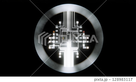 AI Business growth and scalable concept, Abstract circuit design resembling a tree inside a circular frame. 128983117