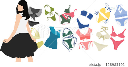 着る水着を考える女性のイラスト	 128983191