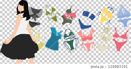 着る水着を考える女性のイラスト	 128983191