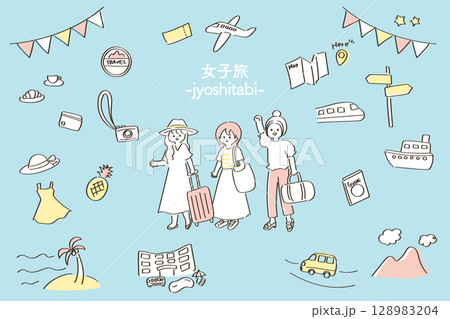 女子旅のゆるかわいいイラストセット 女子旅のゆるかわいいイラストセット 128983204