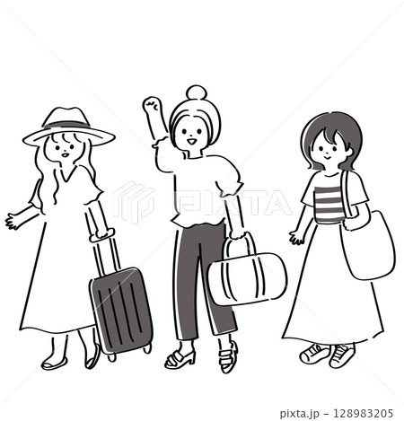 旅行へ出発する女性たちのかわいいイラスト 128983205