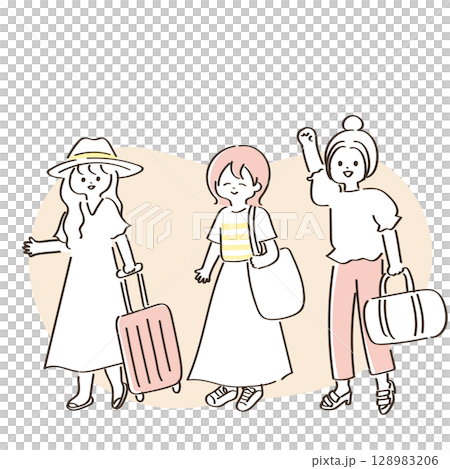 Cute illustrations of women enjoying a girls' trip in the summer 128983206