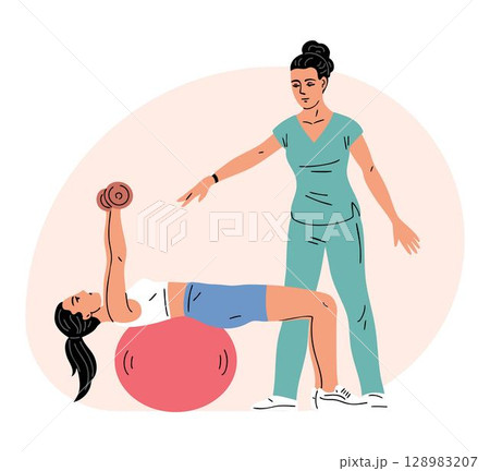 Young woman exercises with gym ball and dumbbells under supervision of physical therapist 128983207