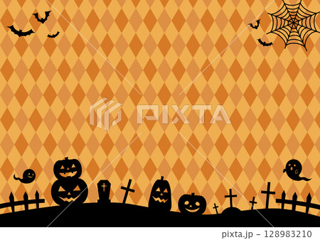 かぼちゃや墓や蝙蝠のシルエットのかわいいハロウィン背景イラスト 128983210
