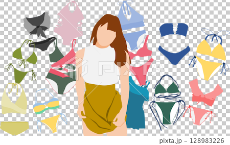 一位女士正在考慮要穿哪件泳衣的插圖 128983226