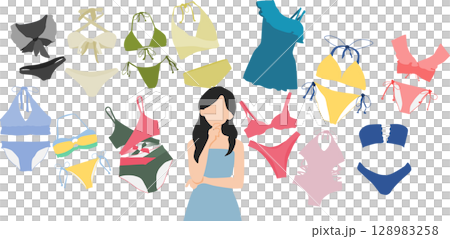 着る水着を考える女性のイラスト	 128983258