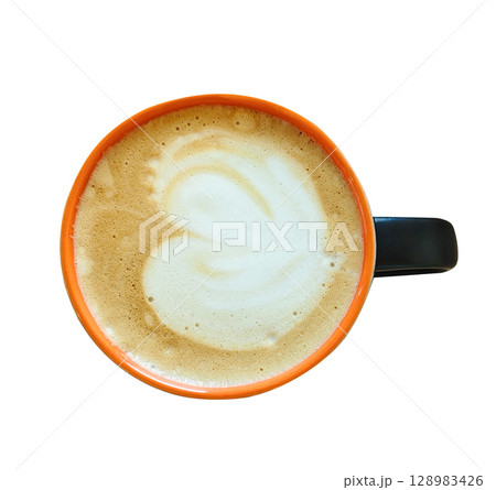 Top view of cappuccino coffee with ceramic round cup, isolated on white background. Top view of cappuccino coffee with ceramic round cup, isolated on white background. 128983426