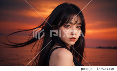 夕日に照らされる美女 128983436