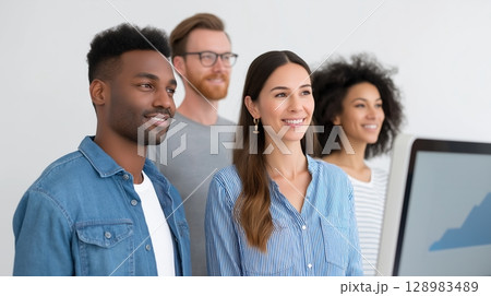 Four diverse individuals smiling together in a professional setting. 128983489