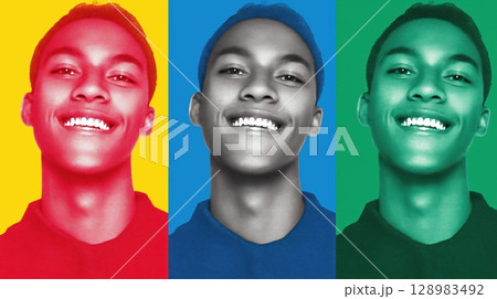 Vibrant pop art portrait of a smiling young man in bold colors. 128983492